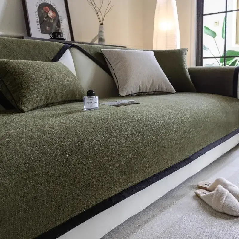 French Chenille Sofa Cover Non-slip Retro Couch Cover Living Room Universal Sofa Slipcover Black Border Solid Color Sofa Cushion
