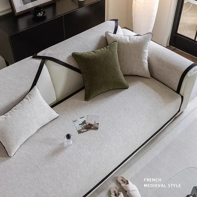 French Chenille Sofa Cover Non-slip Retro Couch Cover Living Room Universal Sofa Slipcover Black Border Solid Color Sofa Cushion
