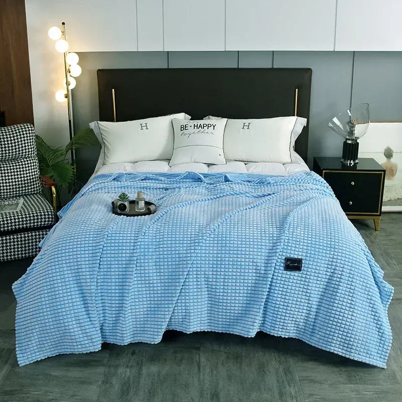 Snuggle-worthy Throw Blanket Cozy Double-sided Coral Plush Flannel Blanket for Home Travel Thickened Checked Texture Solid Color
