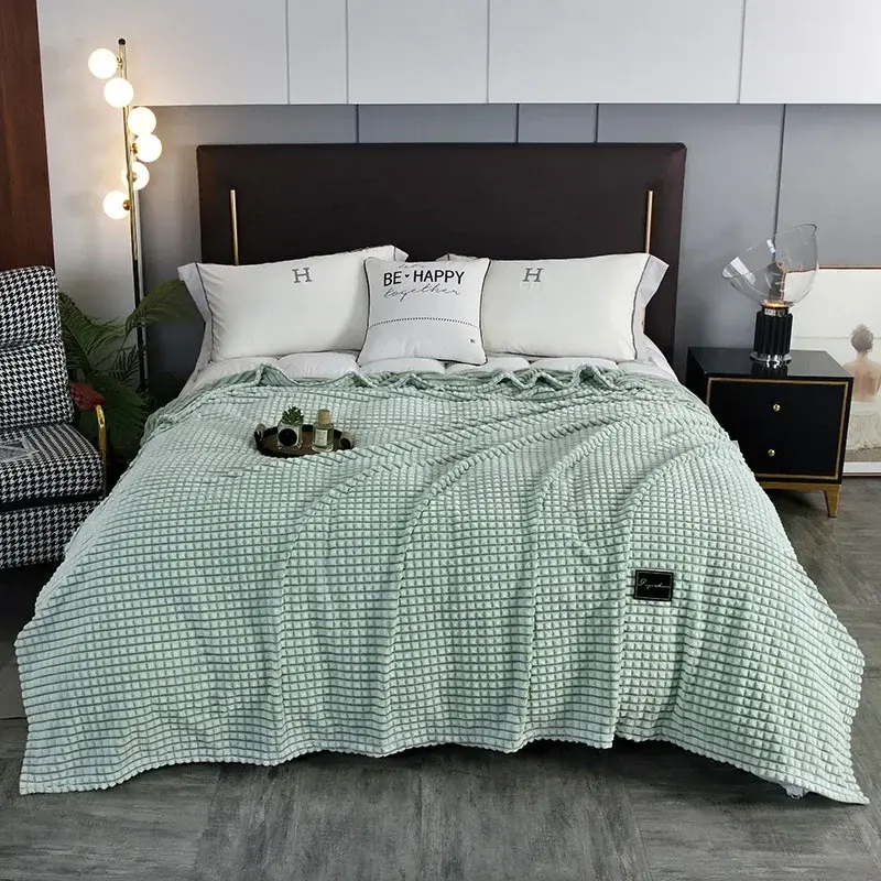 Snuggle-worthy Throw Blanket Cozy Double-sided Coral Plush Flannel Blanket for Home Travel Thickened Checked Texture Solid Color
