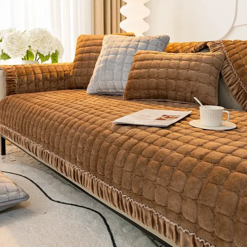 Winter Thick Plaid Plush Sofa Cover Warm Velvet Non-Slip Cushions Living Room Flannel Couch Covers Universal Armrest Back Towel