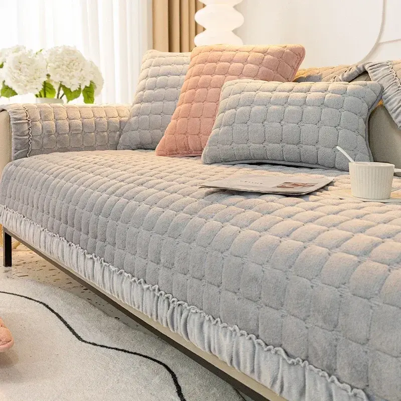 Winter Thick Plaid Plush Sofa Cover Warm Velvet Non-Slip Cushions Living Room Flannel Couch Covers Universal Armrest Back Towel