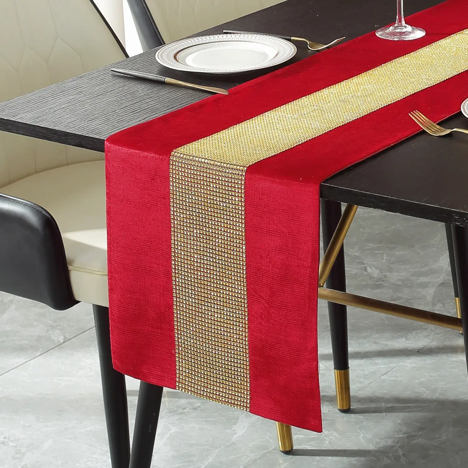Premium Full Diamond Luxury Embroidered Table Runner Chinese Red Table Runner Long Strip Table Cloth Home Restaurant Decoration