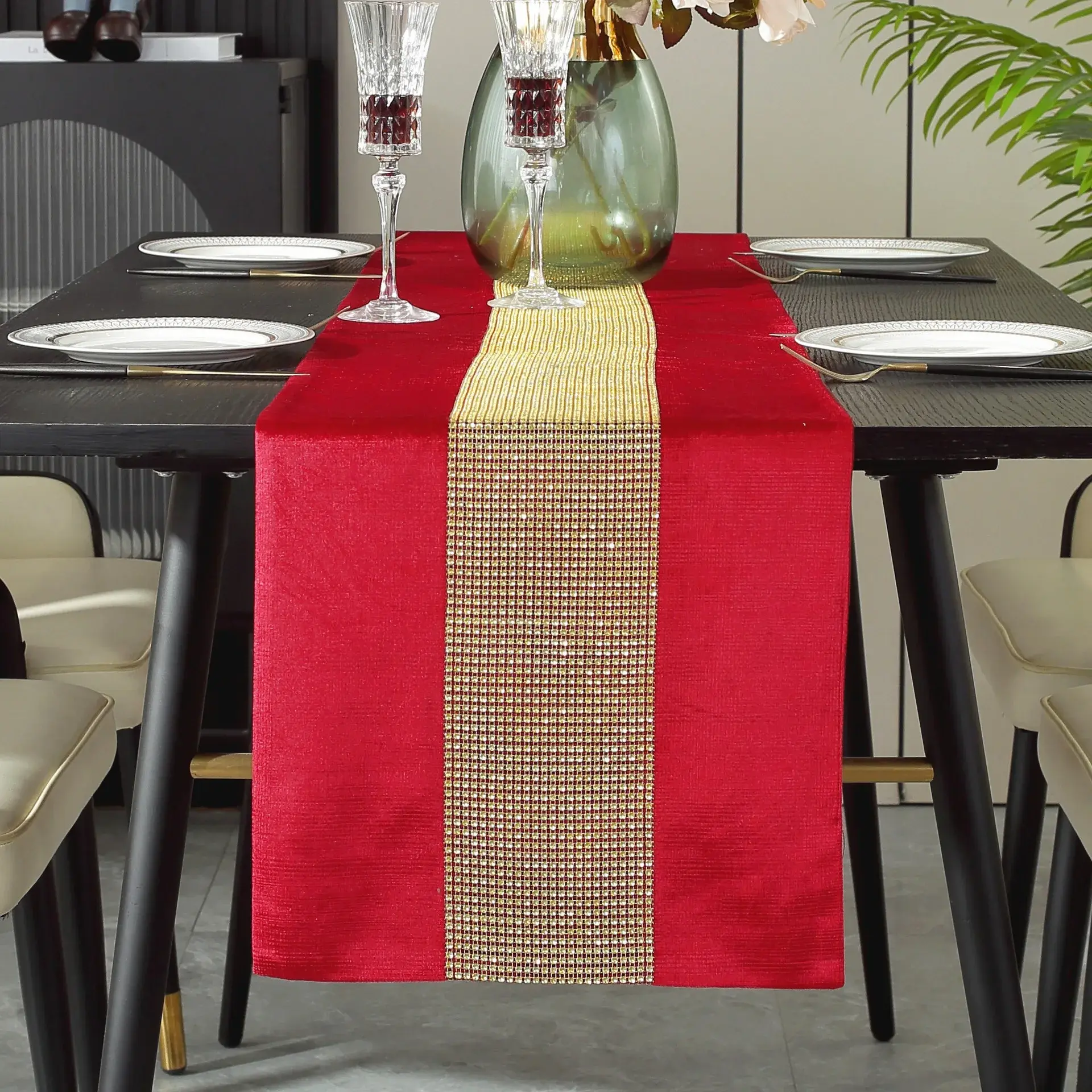 Premium Full Diamond Luxury Embroidered Table Runner Chinese Red Table Runner Long Strip Table Cloth Home Restaurant Decoration