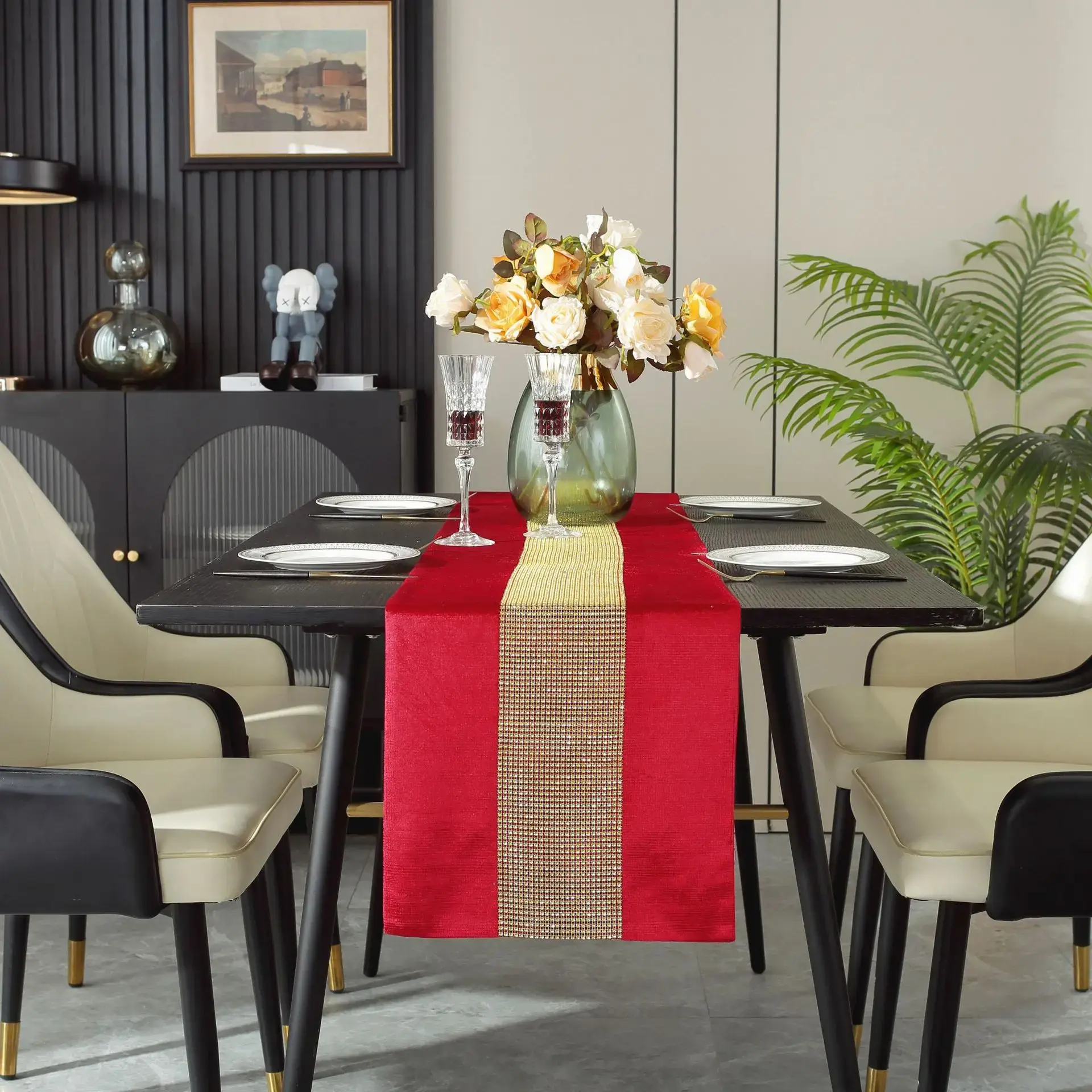 Premium Full Diamond Luxury Embroidered Table Runner Chinese Red Table Runner Long Strip Table Cloth Home Restaurant Decoration