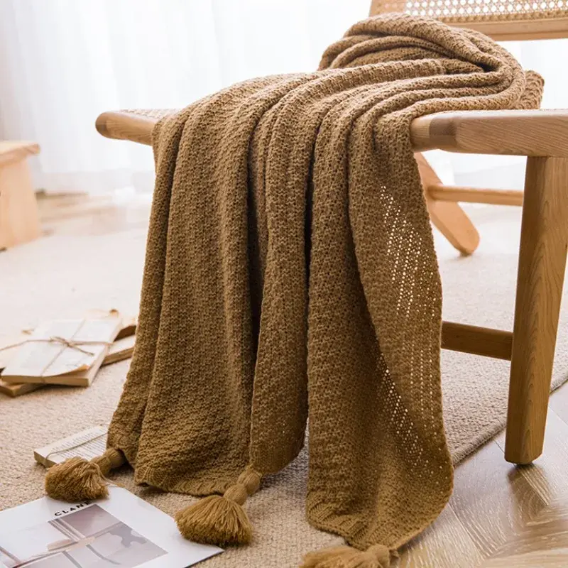 Nordic Blankets for Bed Sofa Couch Chunky Knit Bedspread Knitted Throw Blanket with Tassel Plain Color Waffle Embossed Blanket