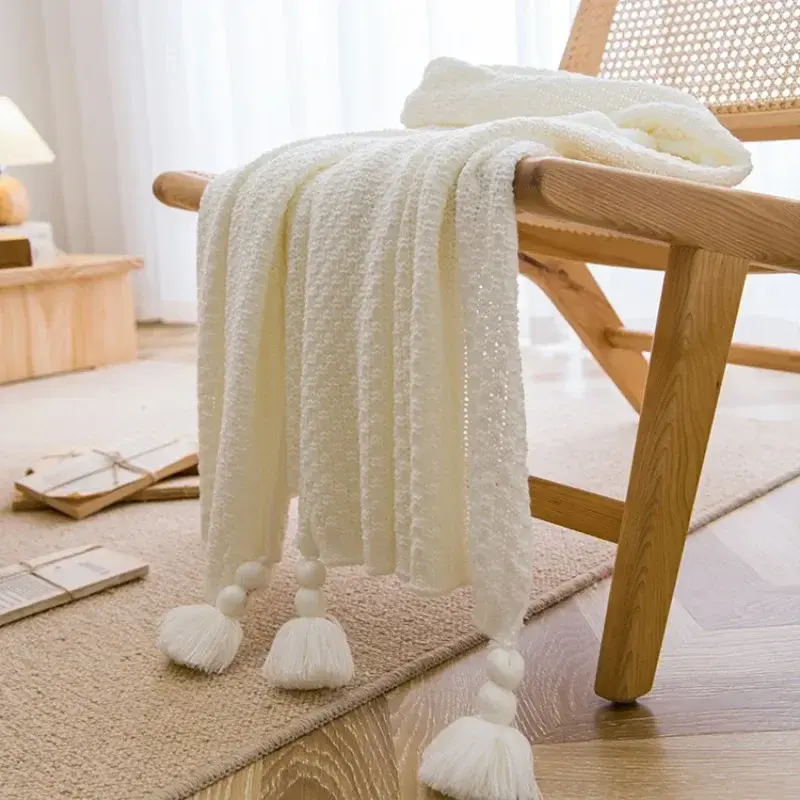 Nordic Blankets for Bed Sofa Couch Chunky Knit Bedspread Knitted Throw Blanket with Tassel Plain Color Waffle Embossed Blanket