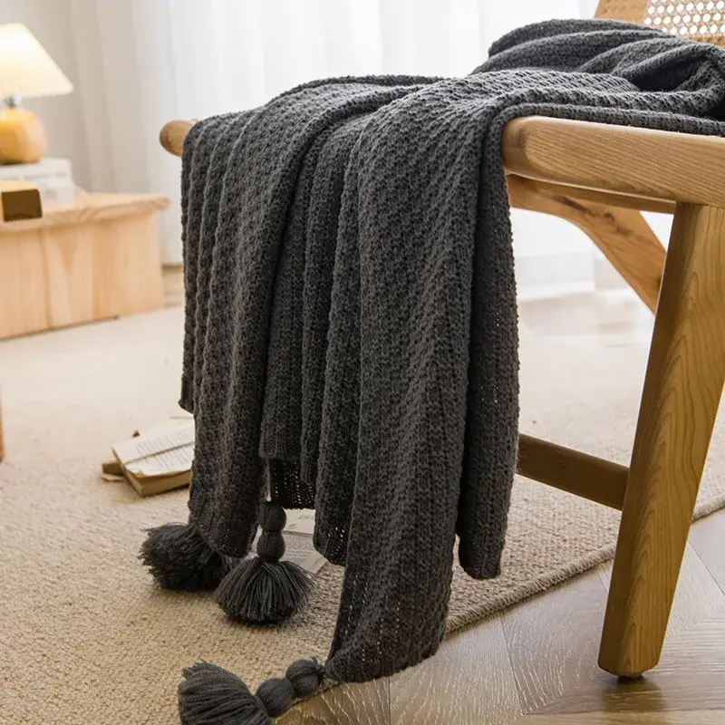 Nordic Blankets for Bed Sofa Couch Chunky Knit Bedspread Knitted Throw Blanket with Tassel Plain Color Waffle Embossed Blanket