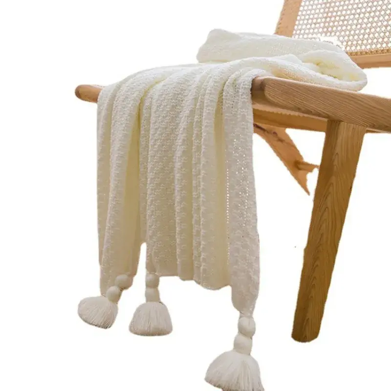 Nordic Blankets for Bed Sofa Couch Chunky Knit Bedspread Knitted Throw Blanket with Tassel Plain Color Waffle Embossed Blanket