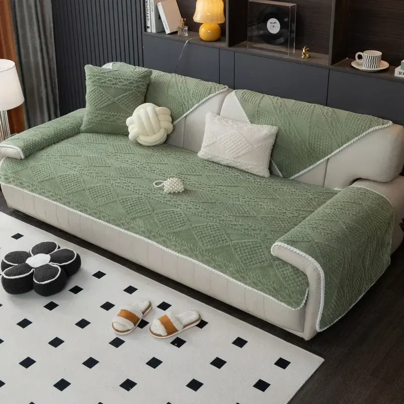 New Living Room Sofa Cover Shu Velveteen Geometry Couch Cover Nordic Autumn Winter Sofa Cushion Non-slip Solid Color Sofa Cover