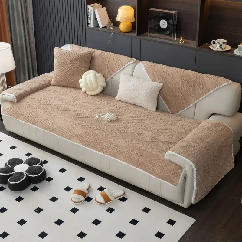 New Living Room Sofa Cover Shu Velveteen Geometry Couch Cover Nordic Autumn Winter Sofa Cushion Non-slip Solid Color Sofa Cover