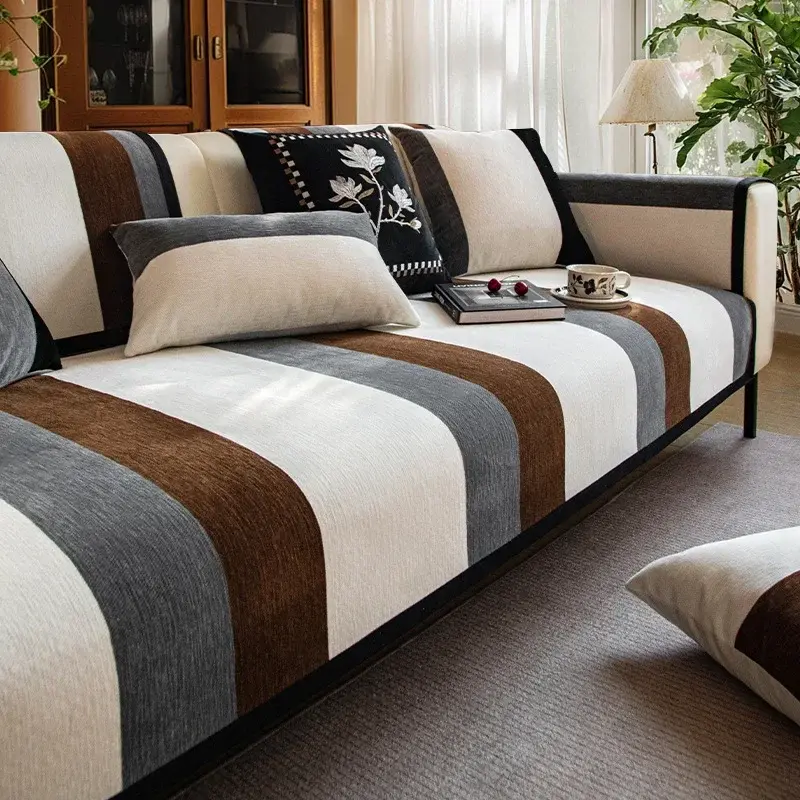 Chenille Color Block Stripe Pattern Sofa Cover Modern Thicken Sofa Cushion for Living Room Fixed Anti Slip Couch Protector Cover