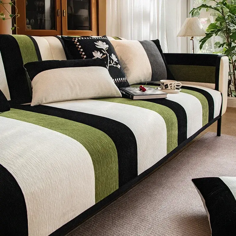 Chenille Color Block Stripe Pattern Sofa Cover Modern Thicken Sofa Cushion for Living Room Fixed Anti Slip Couch Protector Cover