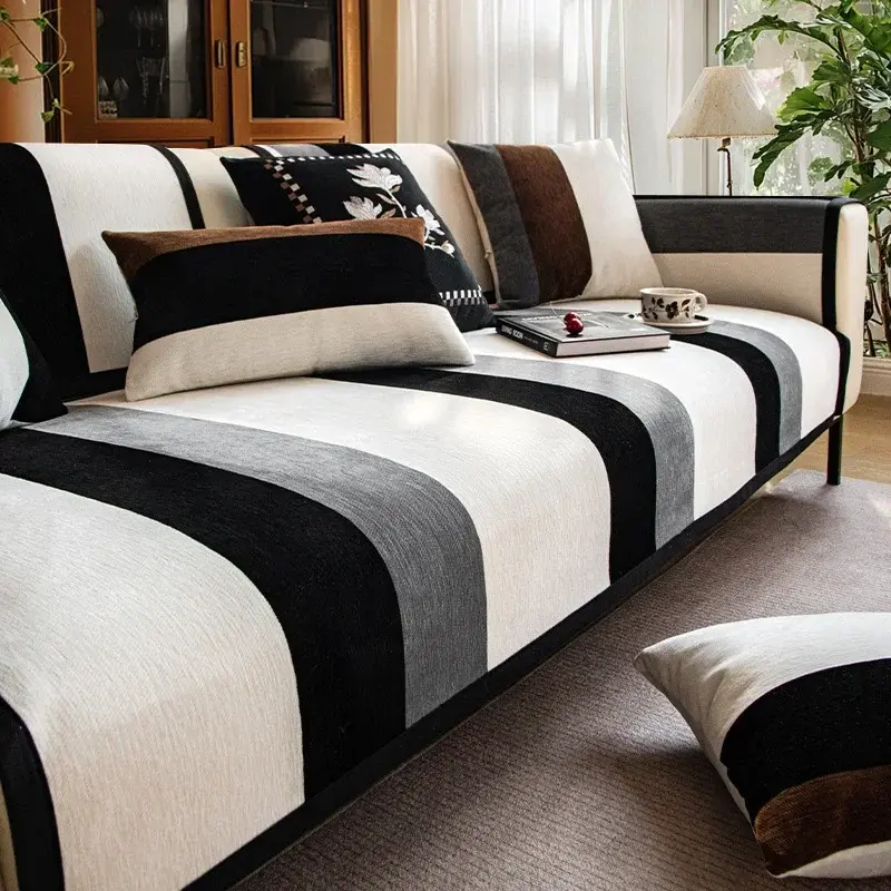 Chenille Color Block Stripe Pattern Sofa Cover Modern Thicken Sofa Cushion for Living Room Fixed Anti Slip Couch Protector Cover