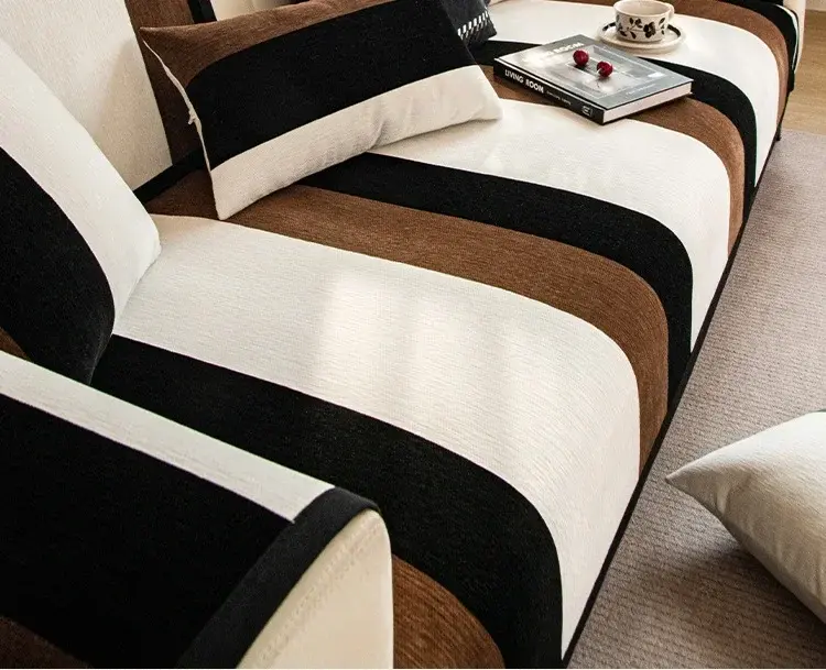 Chenille Color Block Stripe Pattern Sofa Cover Modern Thicken Sofa Cushion for Living Room Fixed Anti Slip Couch Protector Cover