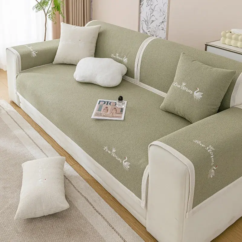Waterproof Embroidered Swan Sofa Cushion Four Seasons Universal Sofa Cushion Non-slip Solid Color Non Sticky Pet Hair Sofa Cover