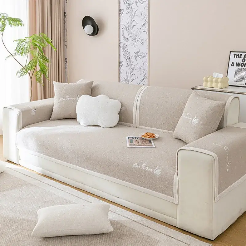 Waterproof Embroidered Swan Sofa Cushion Four Seasons Universal Sofa Cushion Non-slip Solid Color Non Sticky Pet Hair Sofa Cover