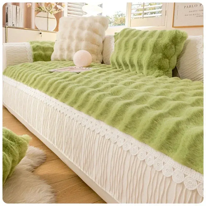 Rabbit Plush Sofa Cover Universal Non-slip Mat Winter Warm Soft Towel Wide White Edge Couch Cushion for Living Room Home Decor
