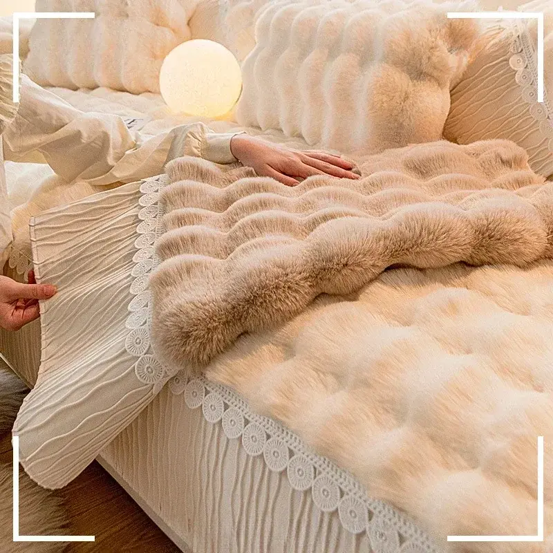 Rabbit Plush Sofa Cover Universal Non-slip Mat Winter Warm Soft Towel Wide White Edge Couch Cushion for Living Room Home Decor