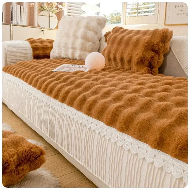 Rabbit Plush Sofa Cover Universal Non-slip Mat Winter Warm Soft Towel Wide White Edge Couch Cushion for Living Room Home Decor