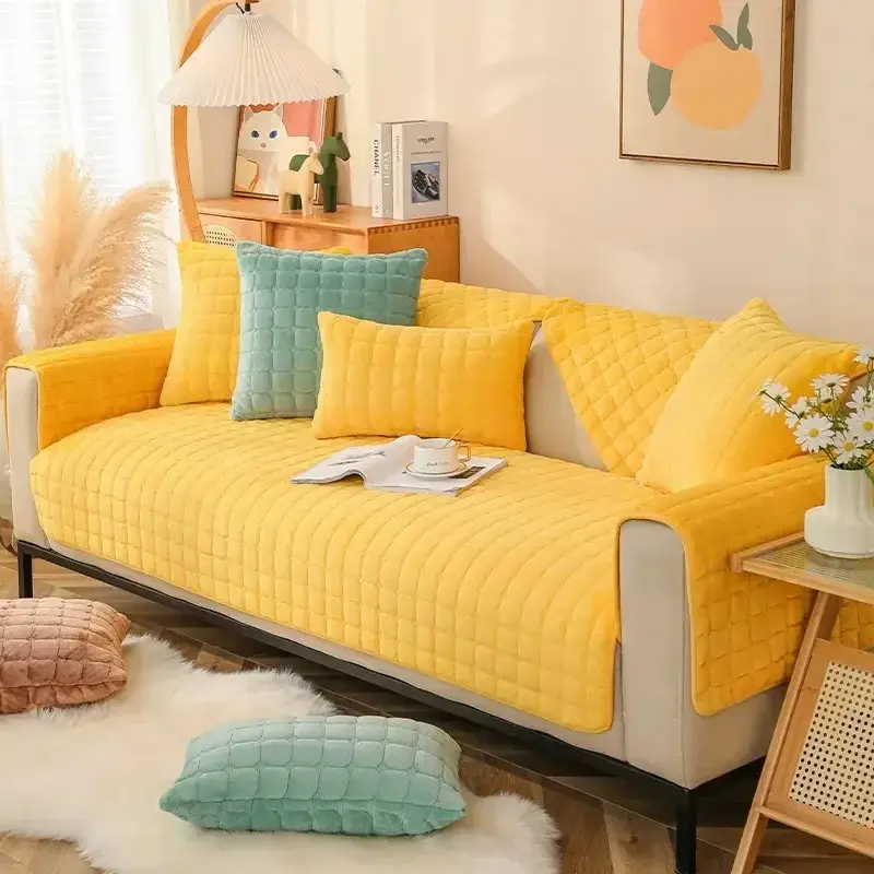 Solid Color Plaid Plush Sofa Cover Warm Universal L-shaped Corner Thickening Sofas Cover Nonslip Living Room Soft Couch Cushion
