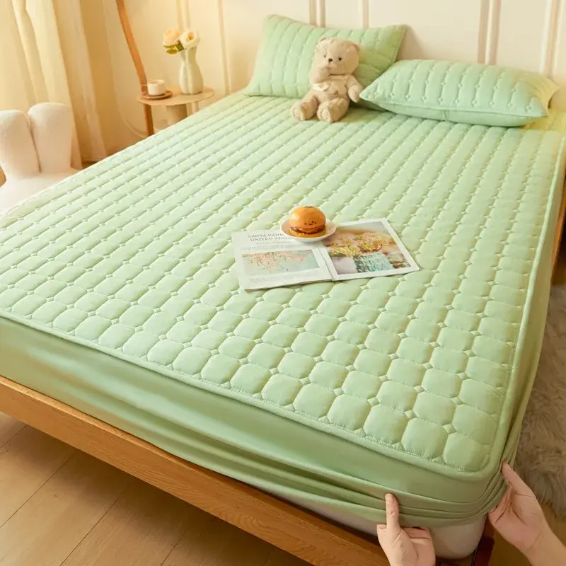 A-class Mother Baby Washed Cotton Bed Sheet Solid Color Dust-proof Bread Grid Mattress Protective Cover Not Included Pillowcase
