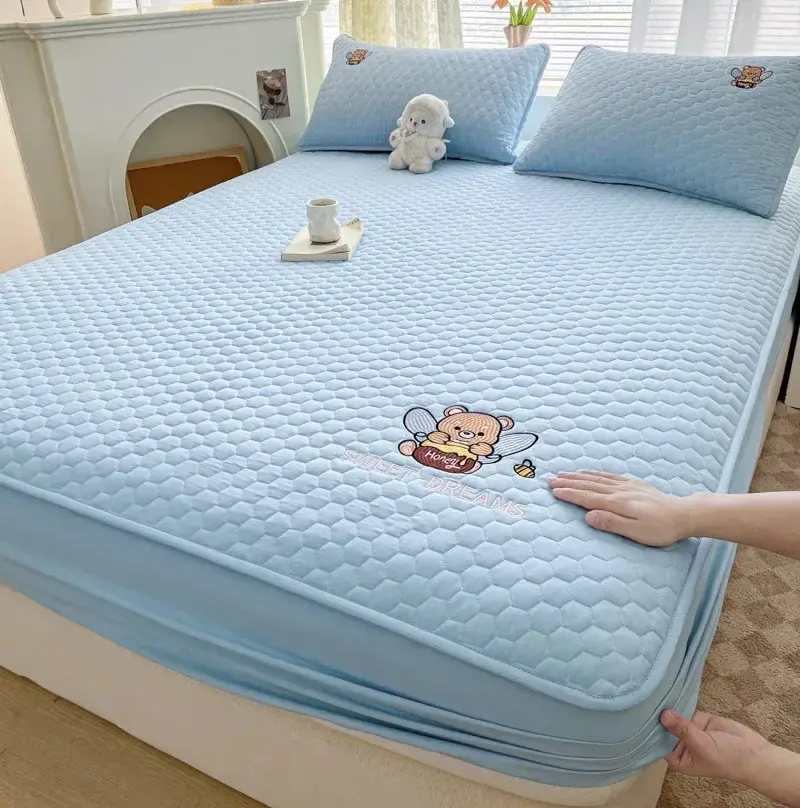 Modern Simple Soybean Cotton Cartoon Embroidery Bed Cover Four Season Universal Solid Color Non Slip Bedsheet Without Pillowcase