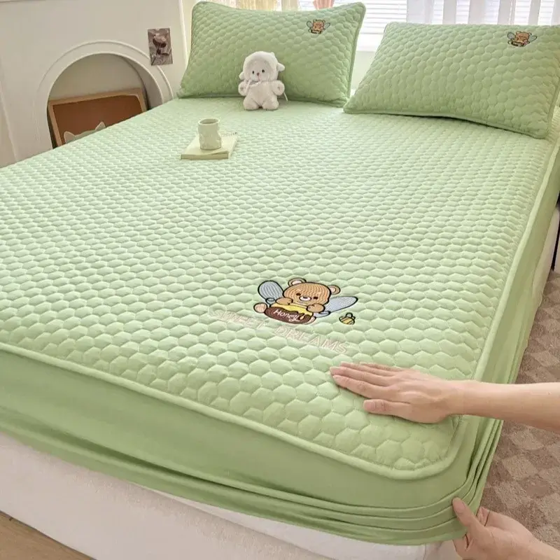 Modern Simple Soybean Cotton Cartoon Embroidery Bed Cover Four Season Universal Solid Color Non Slip Bedsheet Without Pillowcase
