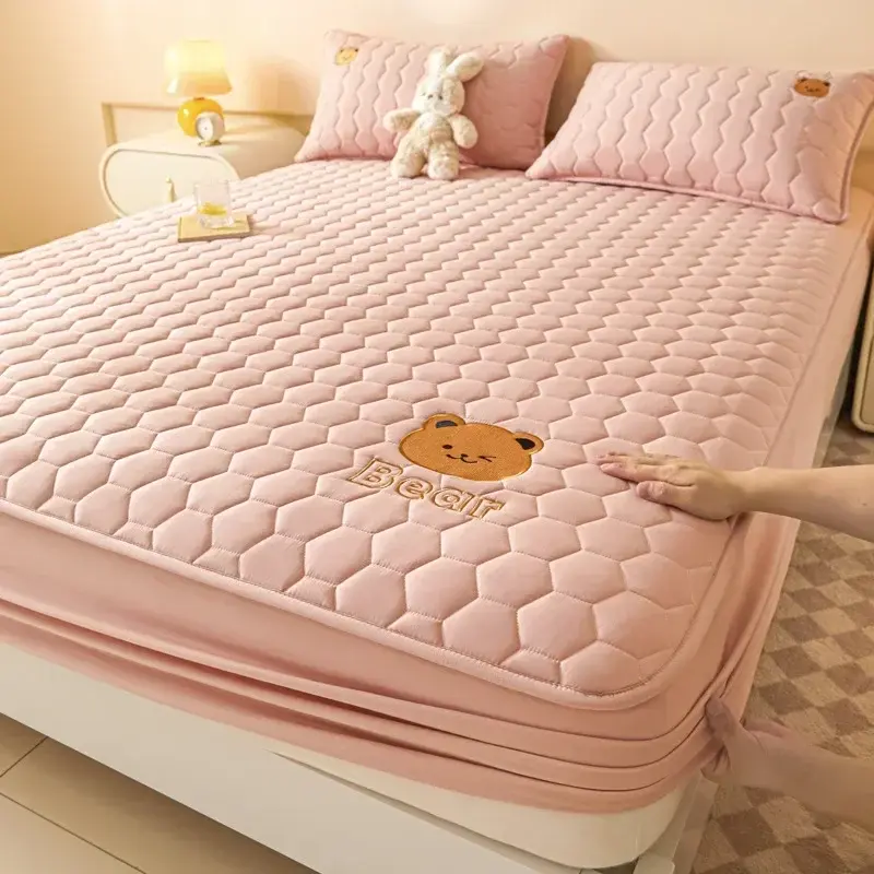 Modern Simple Soybean Cotton Cartoon Embroidery Bed Cover Four Season Universal Solid Color Non Slip Bedsheet Without Pillowcase