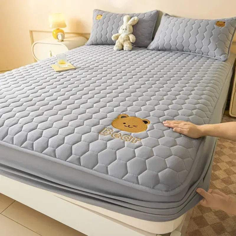 Modern Simple Soybean Cotton Cartoon Embroidery Bed Cover Four Season Universal Solid Color Non Slip Bedsheet Without Pillowcase