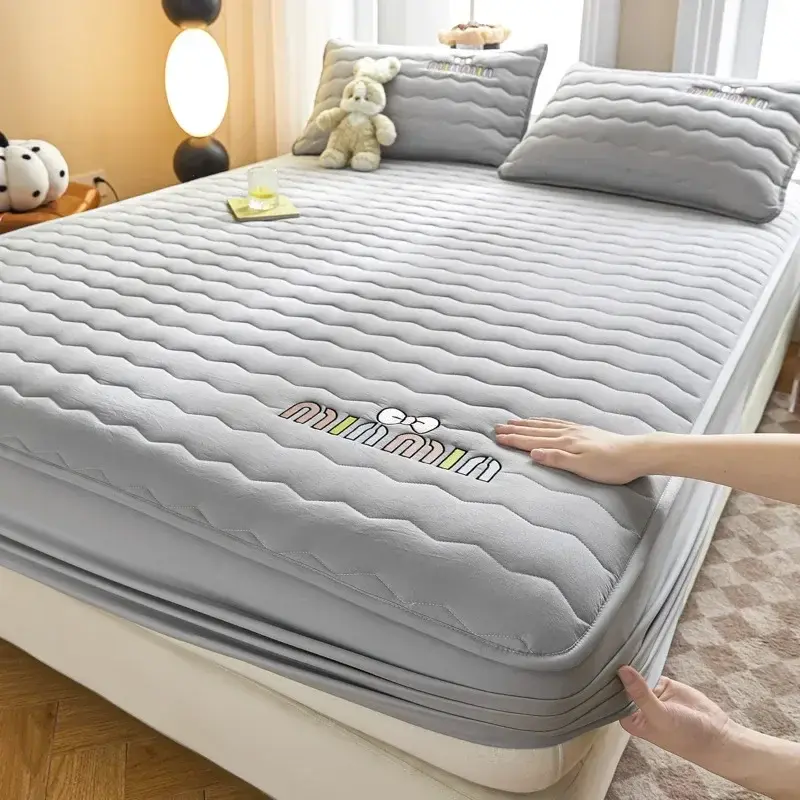 Modern Simple Soybean Cotton Cartoon Embroidery Bed Cover Four Season Universal Solid Color Non Slip Bedsheet Without Pillowcase
