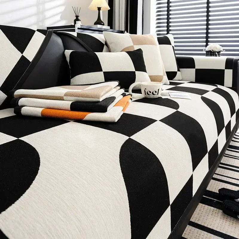Chenille Sofa Cover Non Slip Four Seasons Universal Black White Checkerboard Pattern Sofa Cushion Anti Cat Scratching Sofa Cover