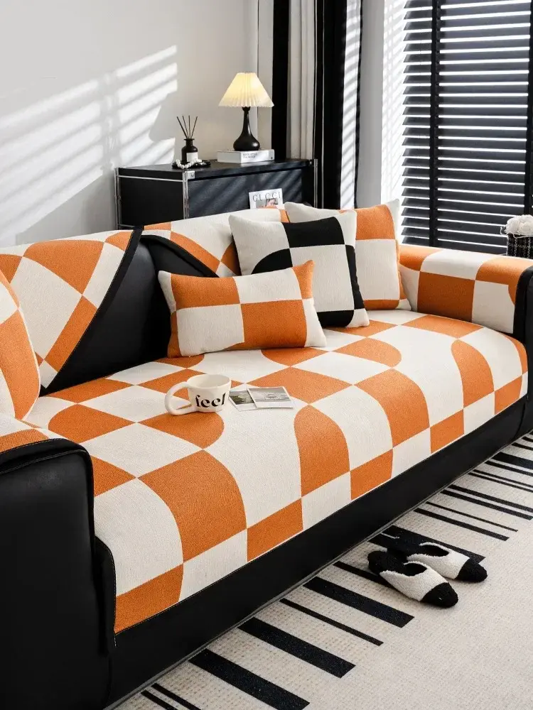 Chenille Sofa Cover Non Slip Four Seasons Universal Black White Checkerboard Pattern Sofa Cushion Anti Cat Scratching Sofa Cover