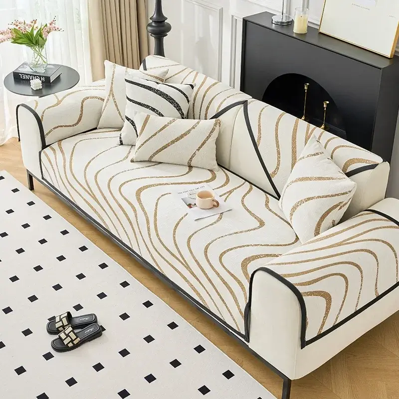 New Chenille Sofa Cover Stripes Anti Slip Sofa Cover Geometrical Jacquard Sofa Cushion Universal for All Seasons Curve Couch Mat