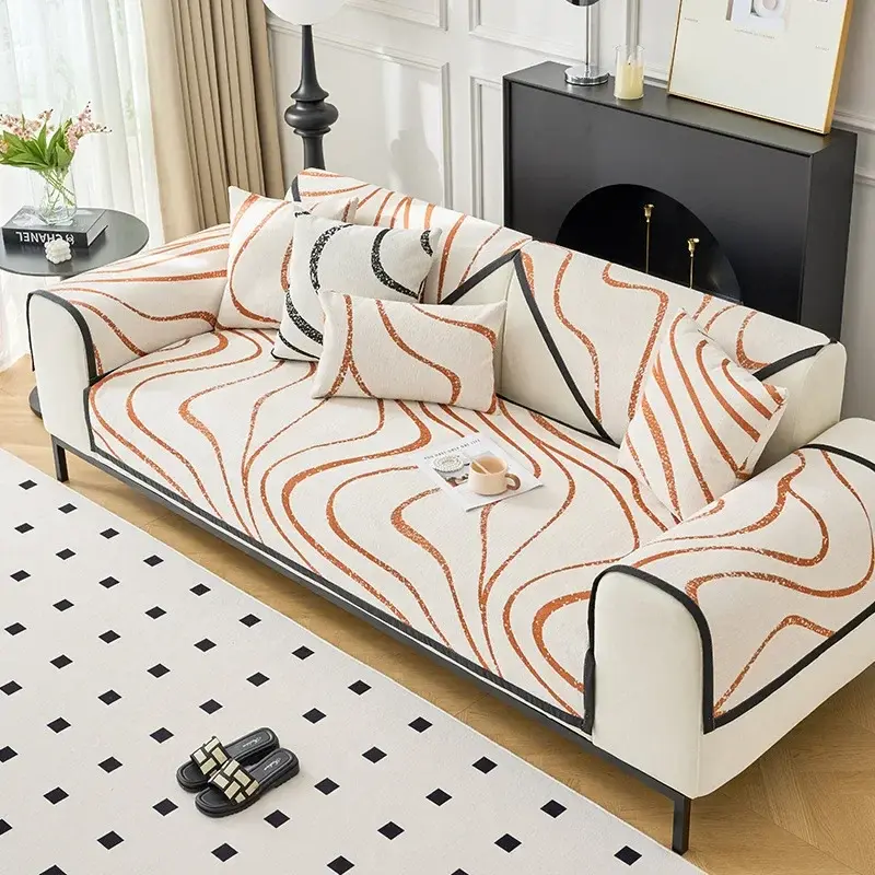 New Chenille Sofa Cover Stripes Anti Slip Sofa Cover Geometrical Jacquard Sofa Cushion Universal for All Seasons Curve Couch Mat