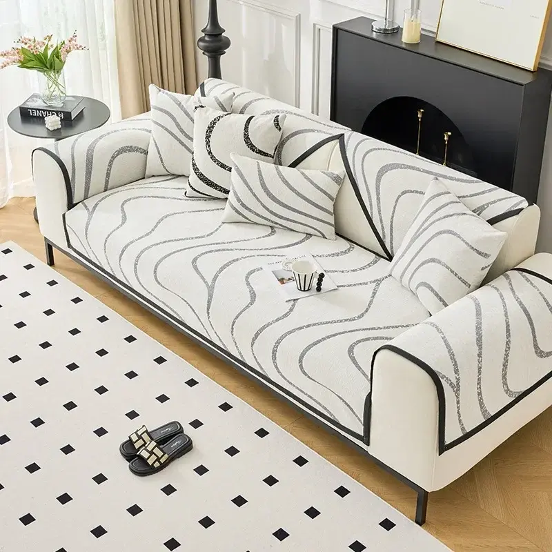 New Chenille Sofa Cover Stripes Anti Slip Sofa Cover Geometrical Jacquard Sofa Cushion Universal for All Seasons Curve Couch Mat
