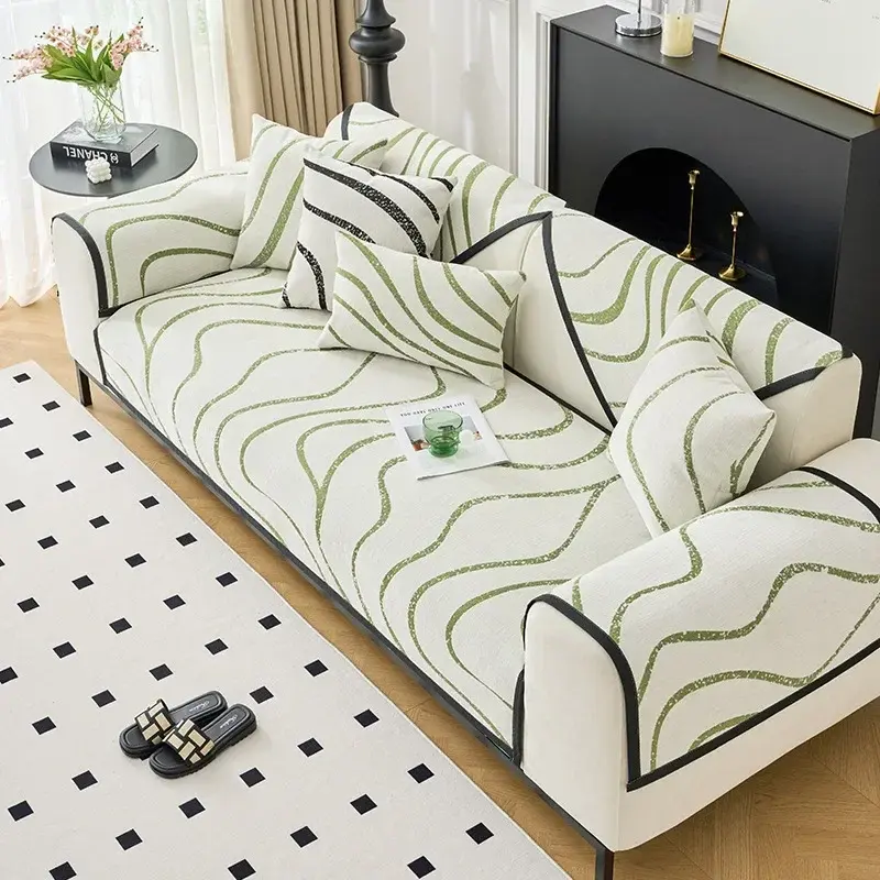 New Chenille Sofa Cover Stripes Anti Slip Sofa Cover Geometrical Jacquard Sofa Cushion Universal for All Seasons Curve Couch Mat