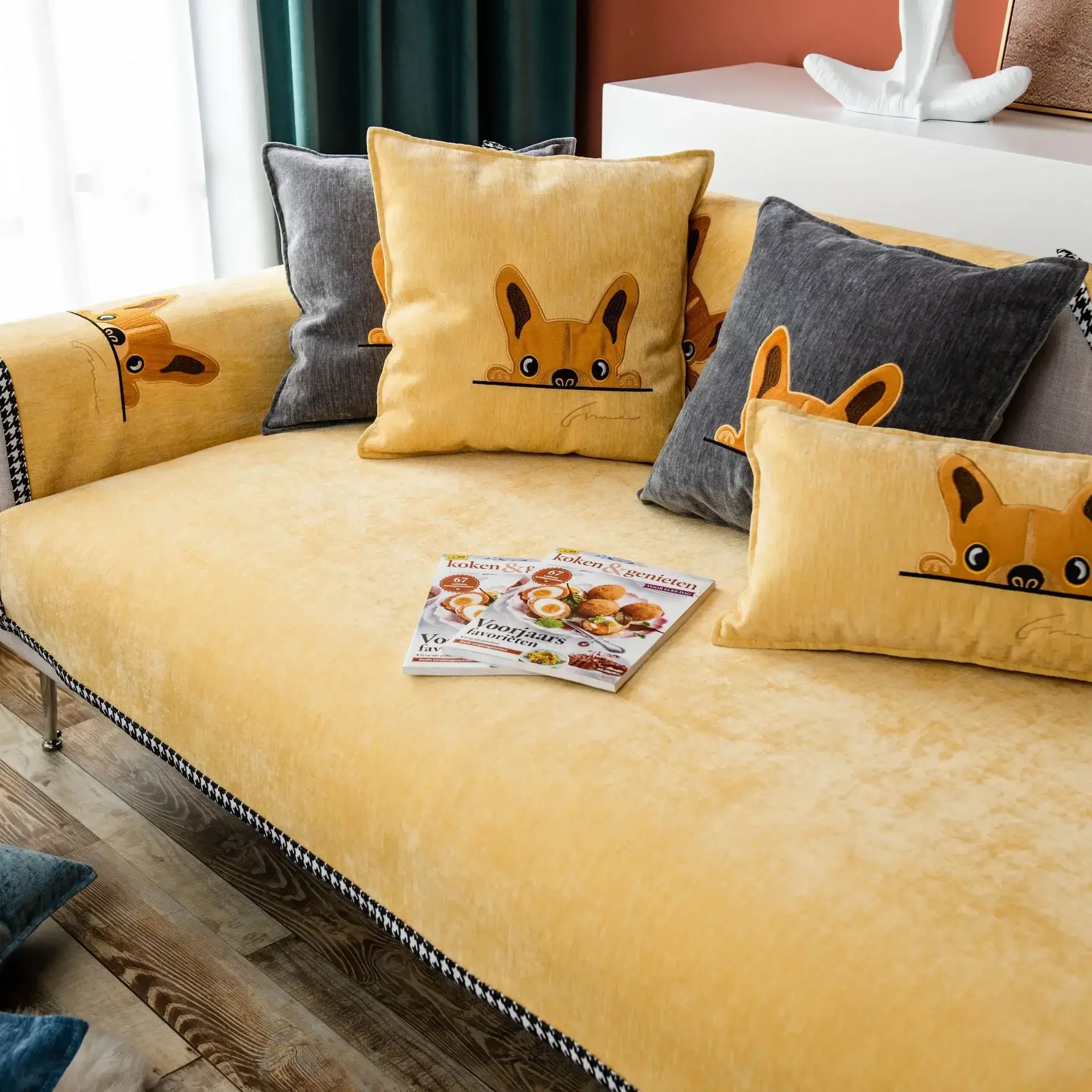 Modern Solid Color Sofa Cover Cartoon Dogs Nordic Chenille Solid Color Sofa Towel Universal Non-slip Couch Cover for Living Room