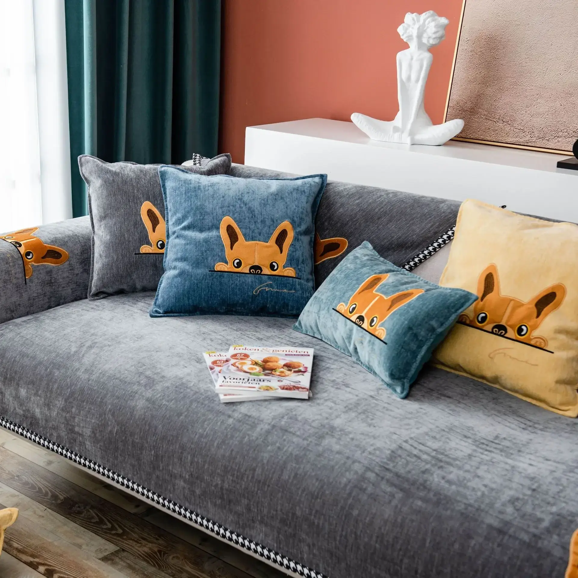 Modern Solid Color Sofa Cover Cartoon Dogs Nordic Chenille Solid Color Sofa Towel Universal Non-slip Couch Cover for Living Room