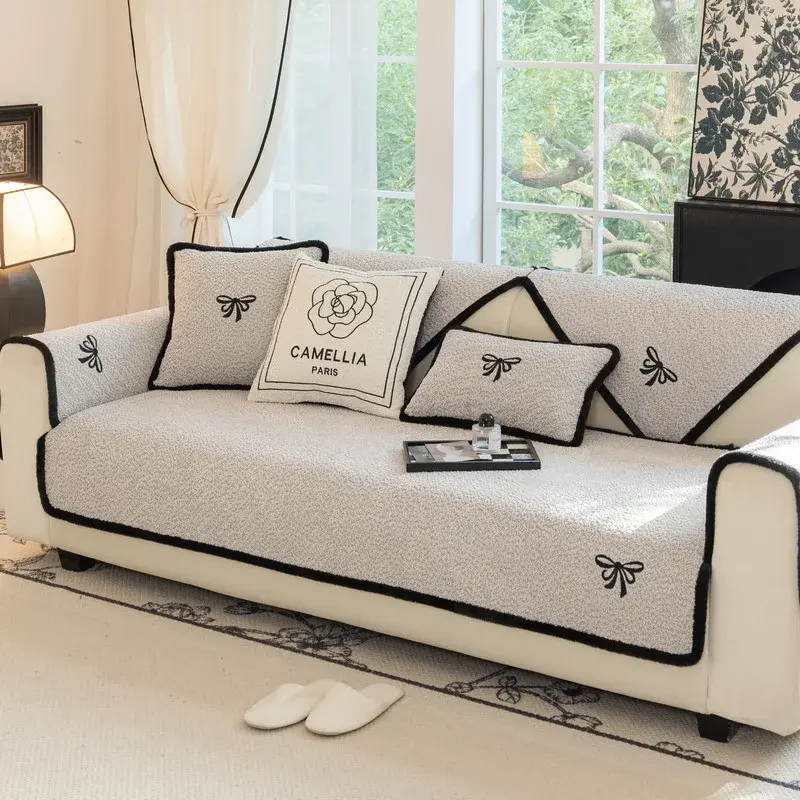 New Plush Bow Sofa Cushion Sweet Solid Color Straight Row Leather Sofa Cover Cloth Winter Non-Slip Cushion Cover Cloth Towel