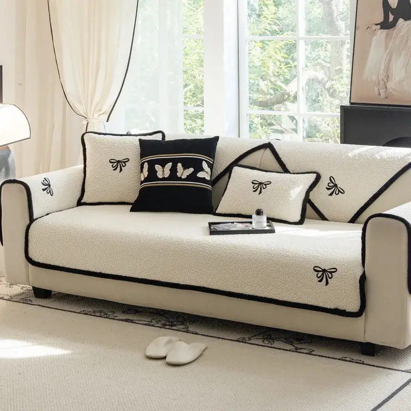 New Plush Bow Sofa Cushion Sweet Solid Color Straight Row Leather Sofa Cover Cloth Winter Non-Slip Cushion Cover Cloth Towel