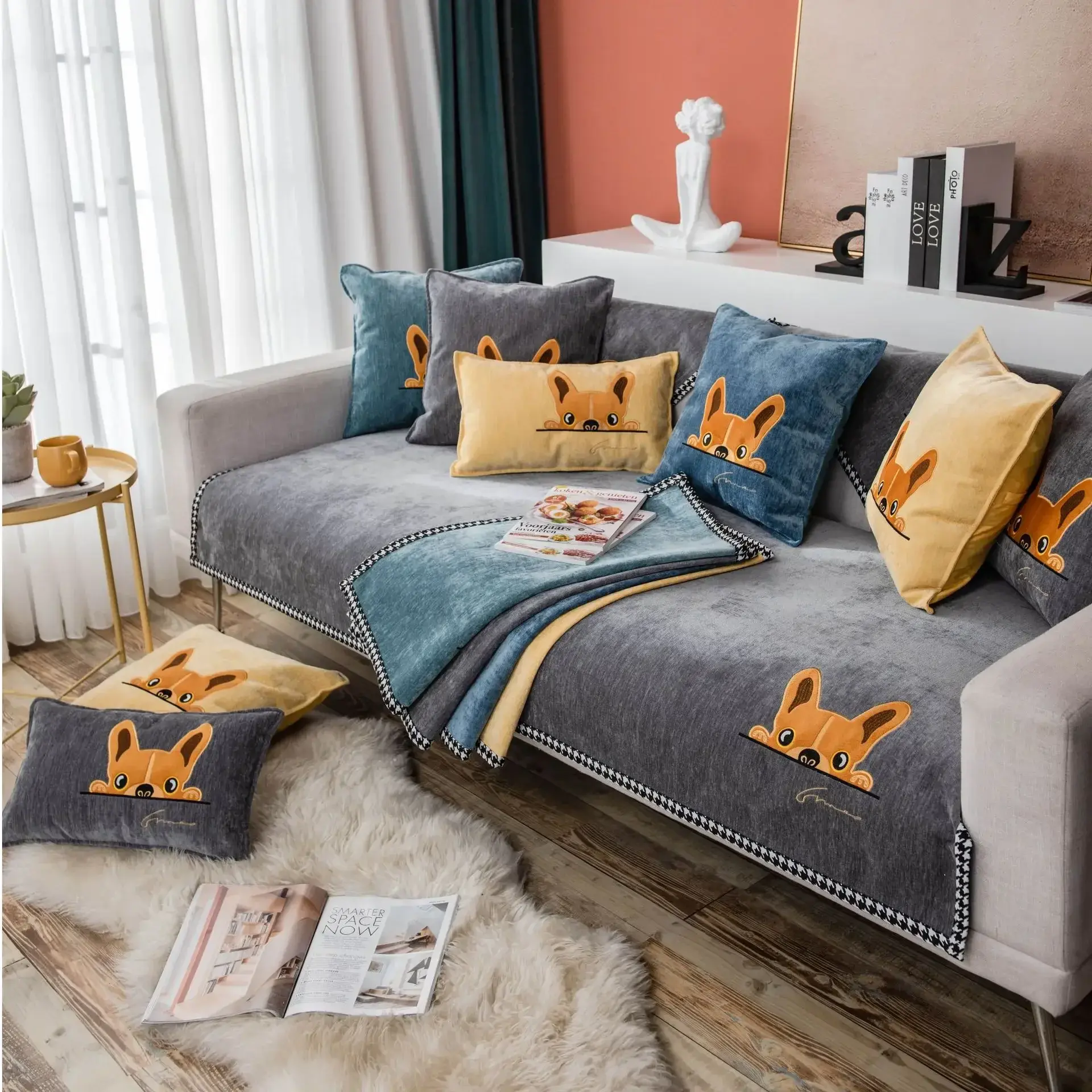 Modern Solid Color Sofa Cover Cartoon Dogs Nordic Chenille Solid Color Sofa Towel Universal Non-slip Couch Cover for Living Room