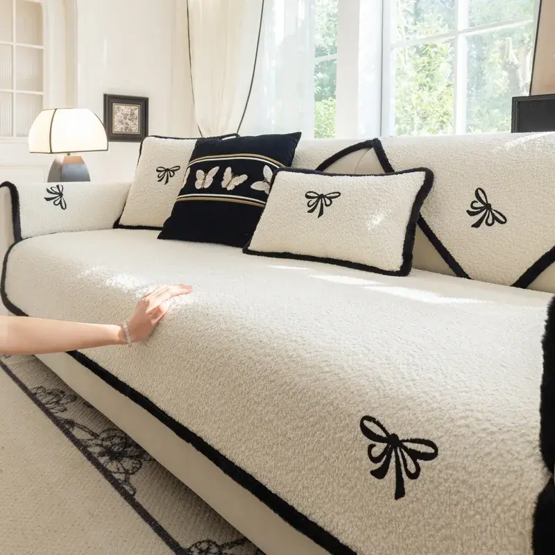 New Plush Bow Sofa Cushion Sweet Solid Color Straight Row Leather Sofa Cover Cloth Winter Non-Slip Cushion Cover Cloth Towel