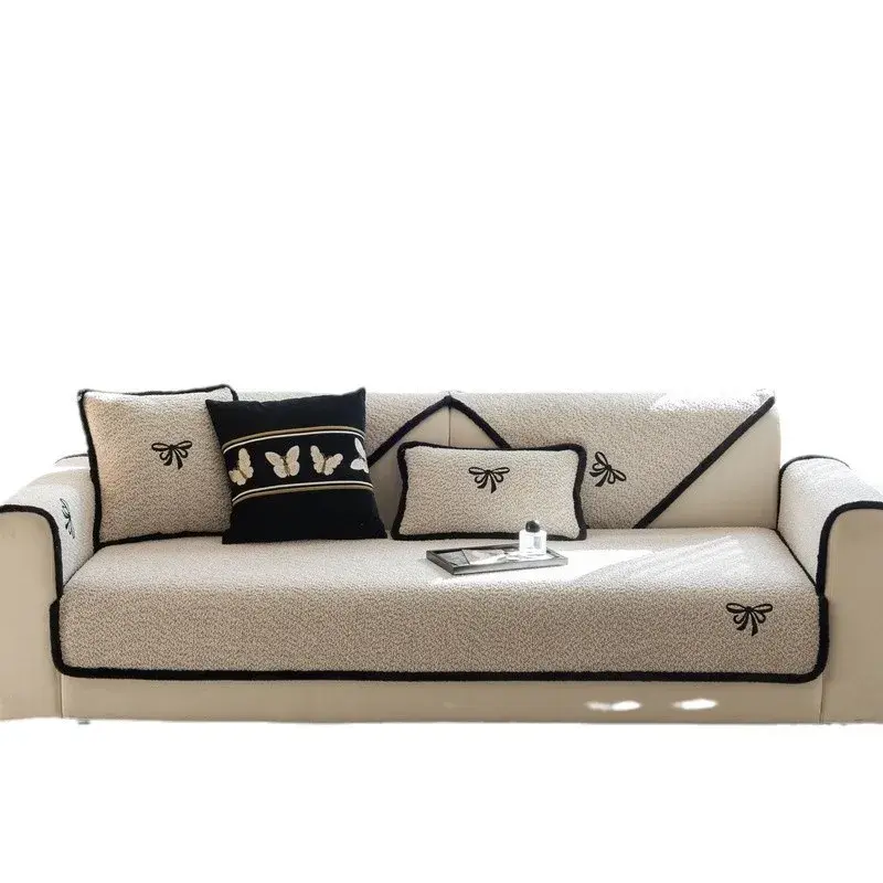 New Plush Bow Sofa Cushion Sweet Solid Color Straight Row Leather Sofa Cover Cloth Winter Non-Slip Cushion Cover Cloth Towel