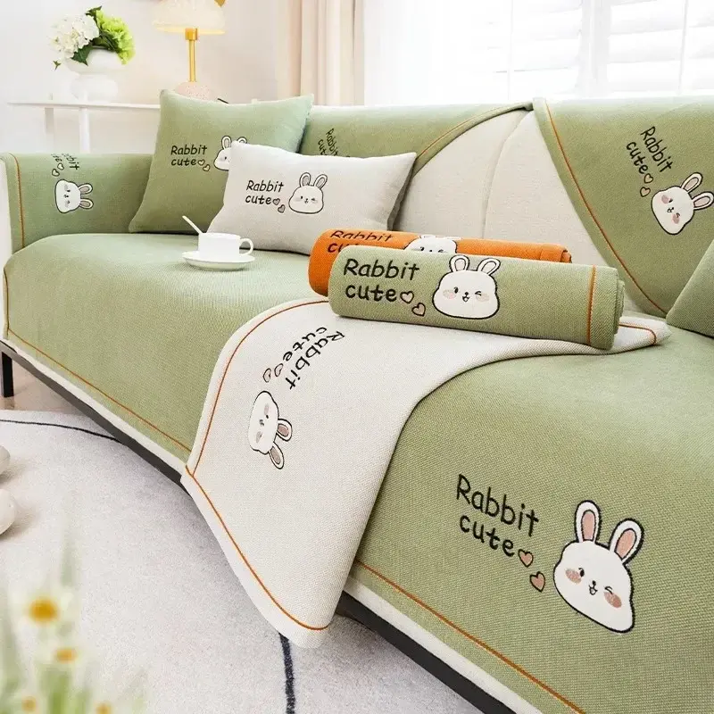 Four Seasons Sofa Cover Combination Corner Couch Towel Embroidered Rabbits Sofa Mat Pet Sofa Cushion Slipcover for Living Room