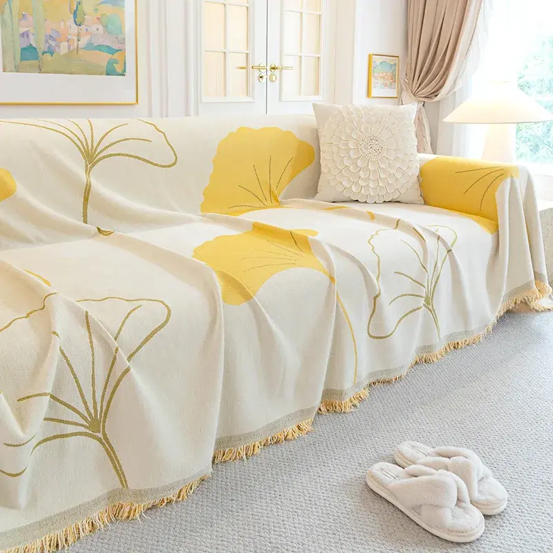 INS Style Sofa Cover Four Season Universal Anti Slip Fringe Sofa Towel  Ginkgo Leaf Decor Sofa Towel Inclusive Cover Cloth Towel