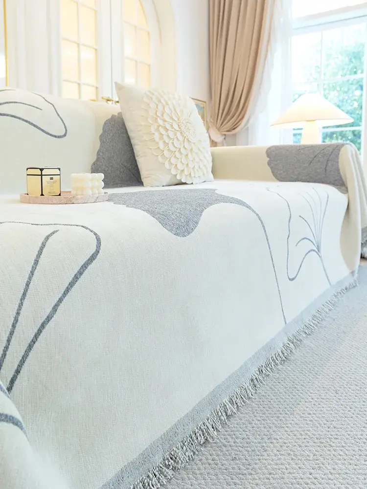 INS Style Sofa Cover Four Season Universal Anti Slip Fringe Sofa Towel  Ginkgo Leaf Decor Sofa Towel Inclusive Cover Cloth Towel