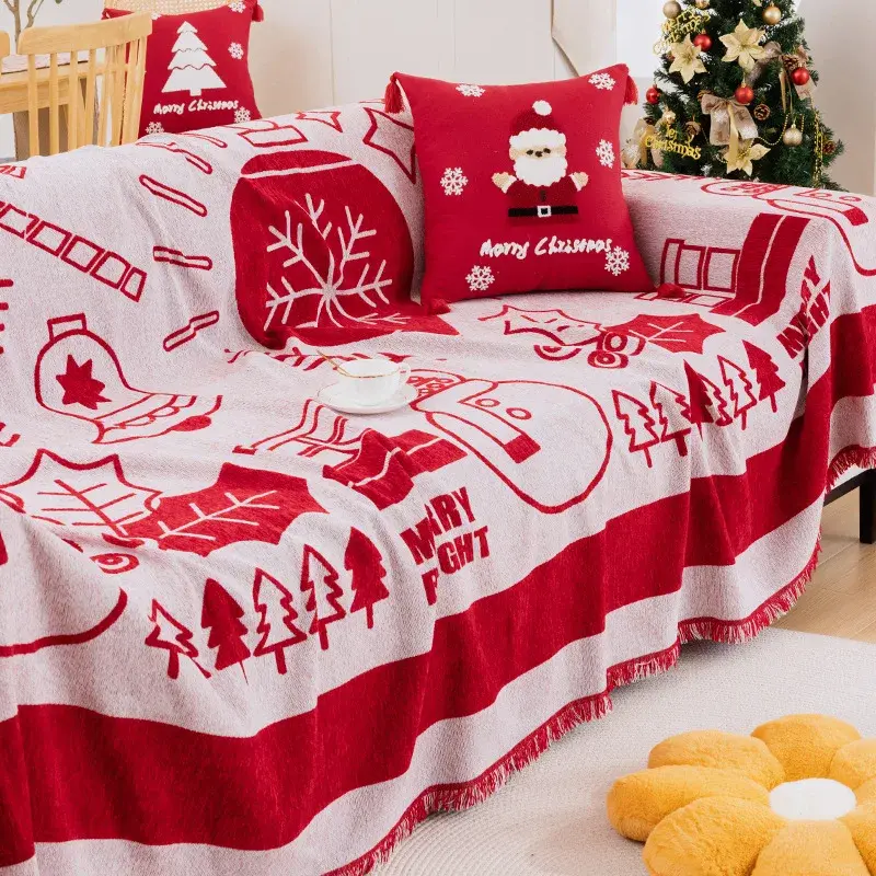 Christmas Red Sofa Cover with Tassel Couch Towel Machine Washable Holiday Theme Red Grids Sofa Slipcover for Living Room Decor