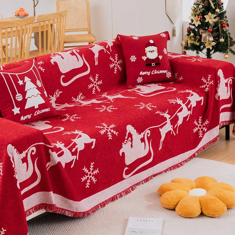 Christmas Red Sofa Cover with Tassel Couch Towel Machine Washable Holiday Theme Red Grids Sofa Slipcover for Living Room Decor