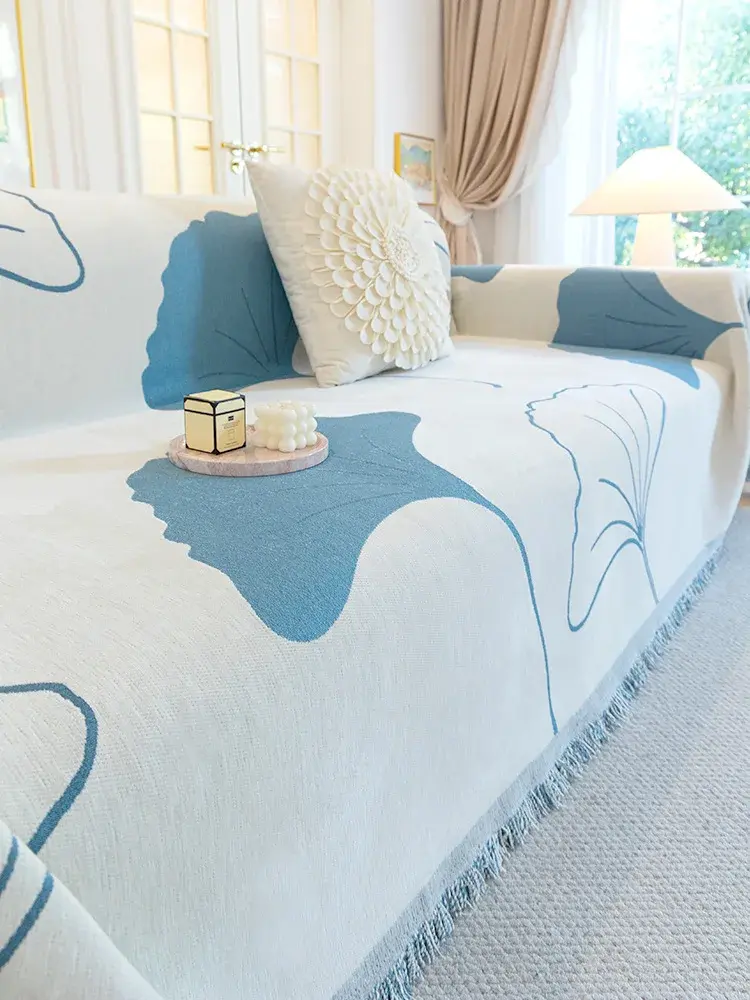 INS Style Sofa Cover Four Season Universal Anti Slip Fringe Sofa Towel  Ginkgo Leaf Decor Sofa Towel Inclusive Cover Cloth Towel